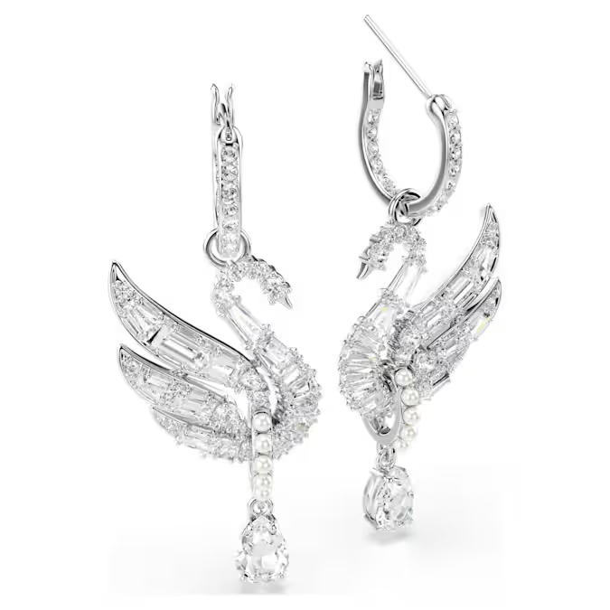 Swan earrings Swan, White, Rhodium plated
