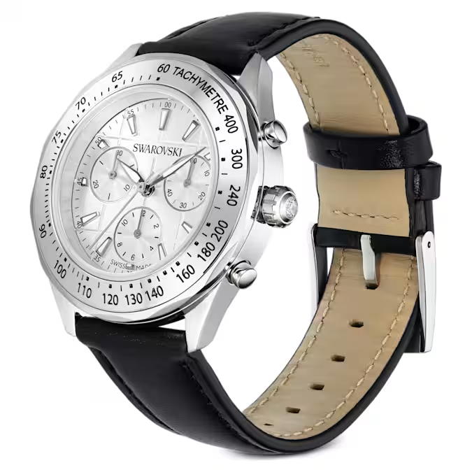 Dextera tachymetre watch Swiss Made, Leather strap, Silver tone, Stainless steel