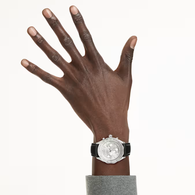 Dextera tachymetre watch Swiss Made, Leather strap, Silver tone, Stainless steel