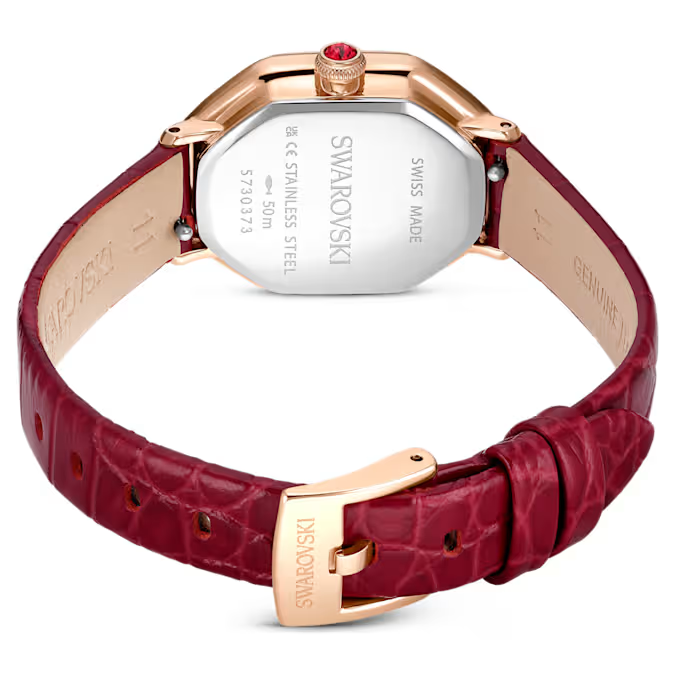 Dextera octagon watch Swiss Made, Leather strap, Red, Rose gold-tone finish