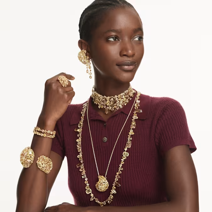 Gema choker, Mixed cuts, Yellow, Gold-tone plated