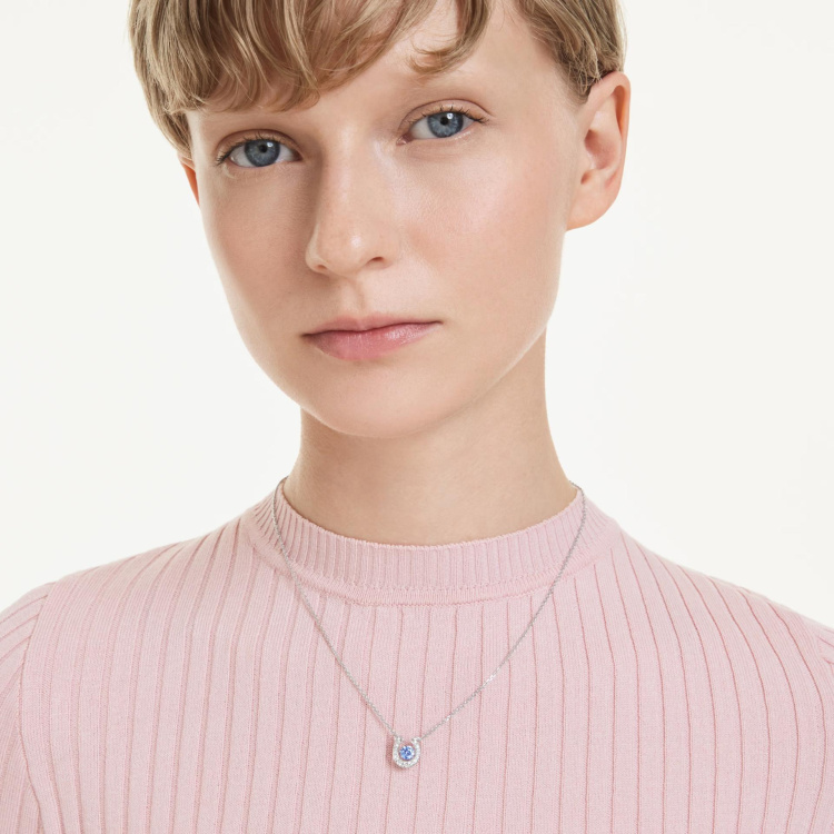 Symbolica pendant Round cut, Pavé, Horse shoe, Blue, Rhodium plated