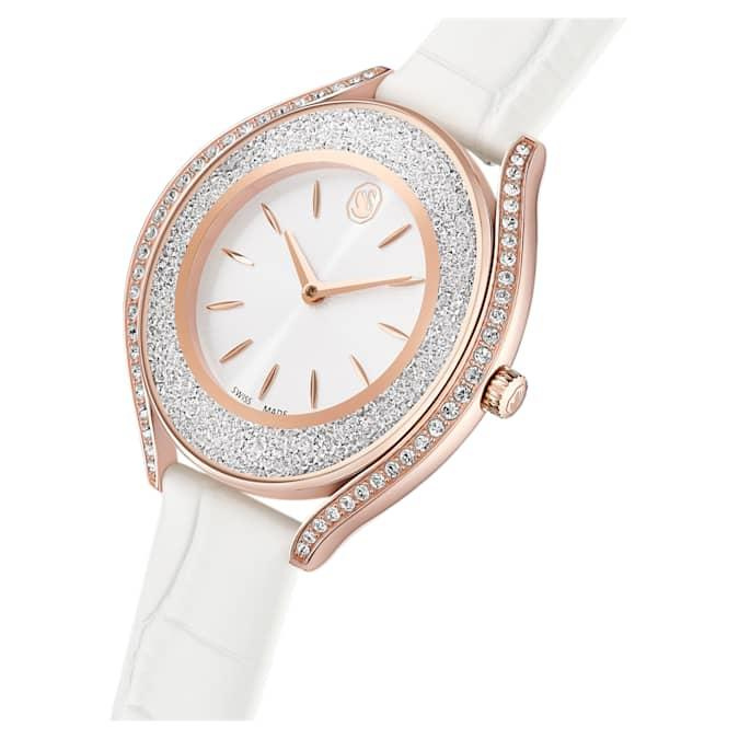 Crystalline aura watch Swiss Made, Leather strap, White, Rose gold-tone finish