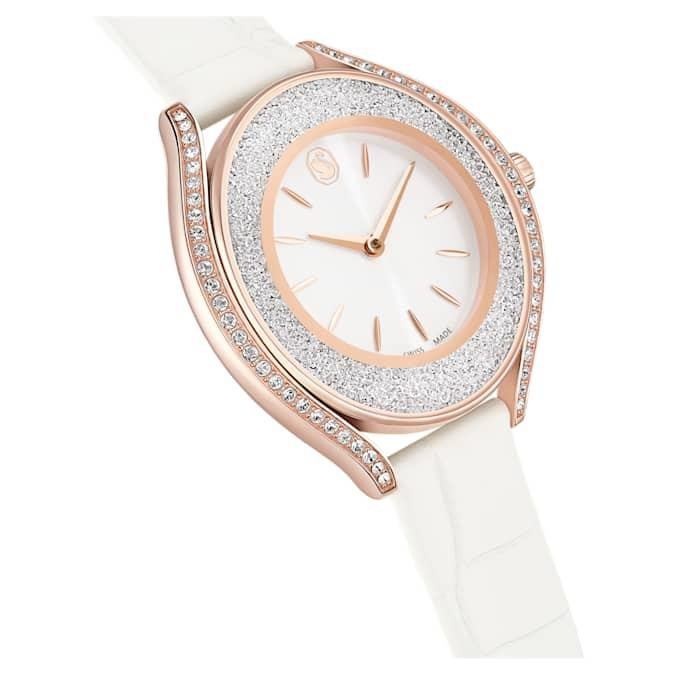 Crystalline aura watch Swiss Made, Leather strap, White, Rose gold-tone finish