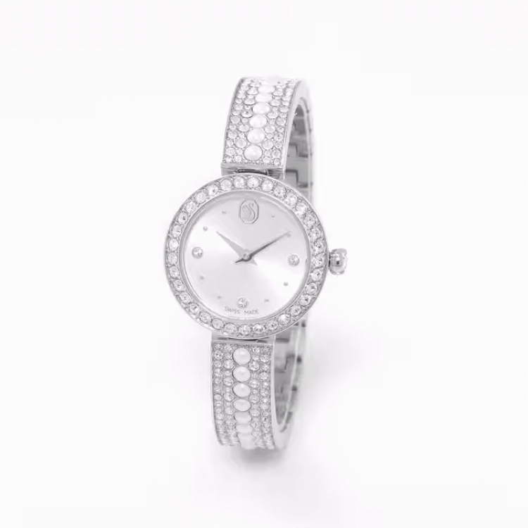 Matrix pearl bangle watch Swiss Made, Crystal bracelet, White, Stainless steel
