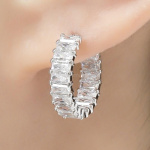 Matrix hoop earrings Baguette cut, White, Rhodium plated