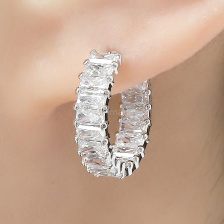 Matrix hoop earrings Baguette cut, White, Rhodium plated