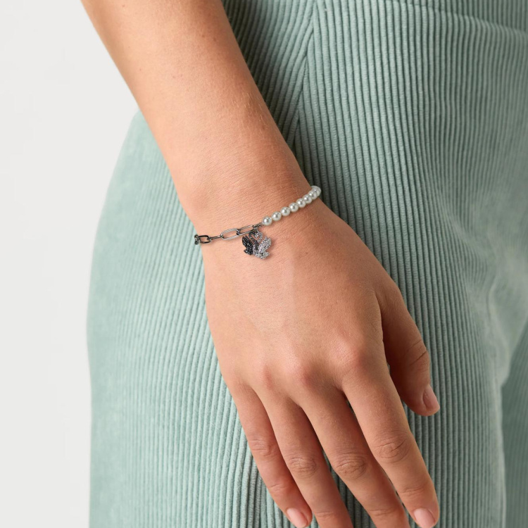 Swan bracelet Crystal pearl, Swan, Black, Rhodium plated