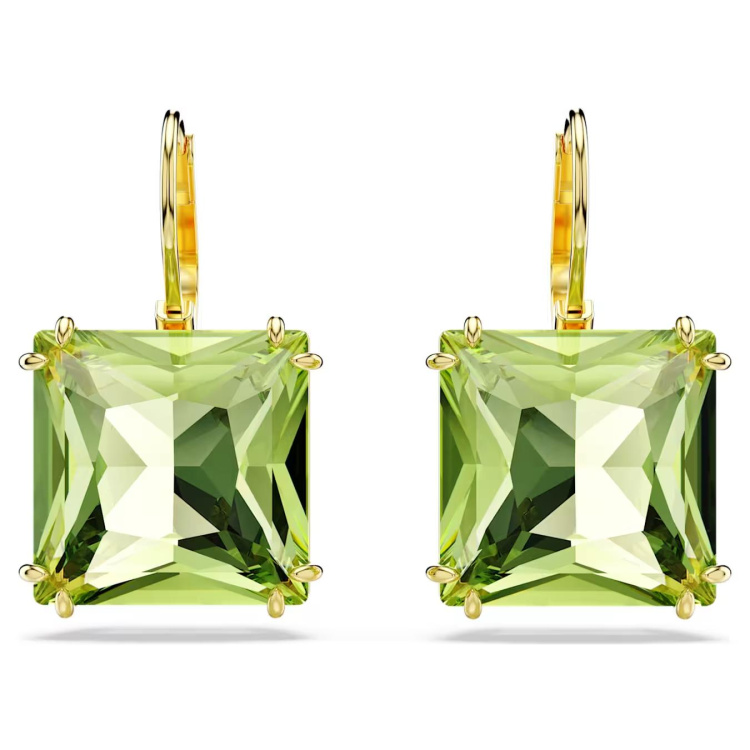 Millenia drop earrings, Square cut, Green, Gold-tone plated