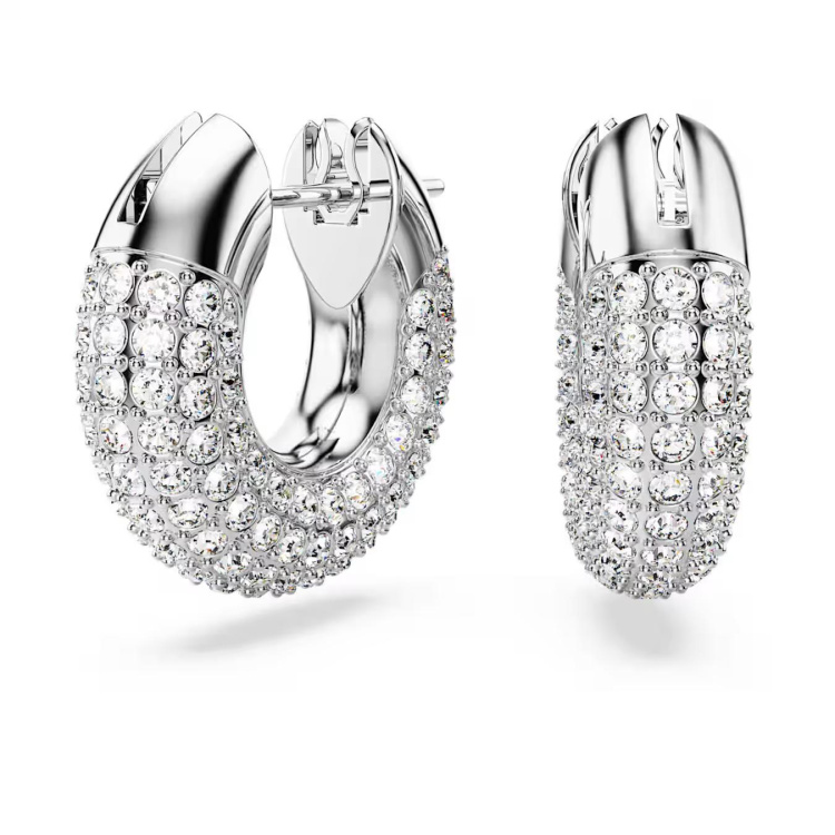 Dextera hoop earrings, Pavé, White, Rhodium plated