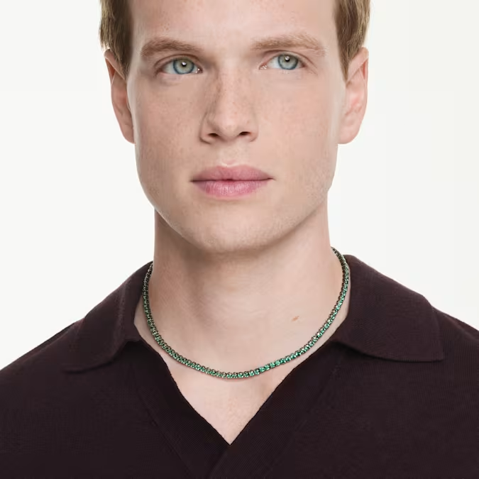 Matrix Tennis necklace Round cut, Green, Ruthenium plated