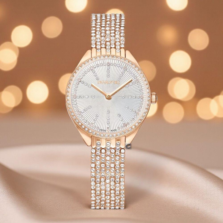 Attract watch Swiss Made, Full pavé, Metal bracelet, Rose gold tone, Rose gold-tone finish