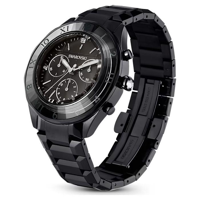 39mm watch Swiss Made, Metal bracelet, Black, Black finish