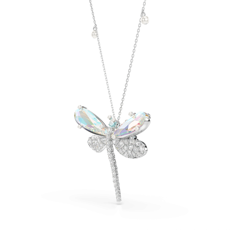 Ariana Grande x Swarovski pendant and brooch, Mixed cuts, Dragonfly, Green, Rhodium plated
