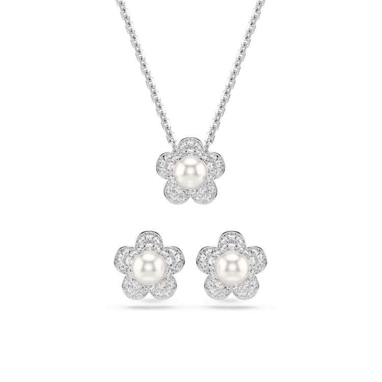 Ariana Grande x Swarovski set, Crystal pearl, Round cut, Flower, White, Rhodium plated