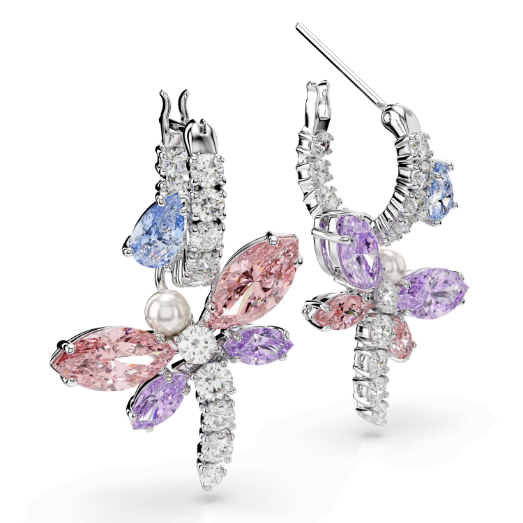 Ariana Grande x Swarovski drop earrings, Mixed cuts, Dragonfly, Multicolored, Rhodium plated