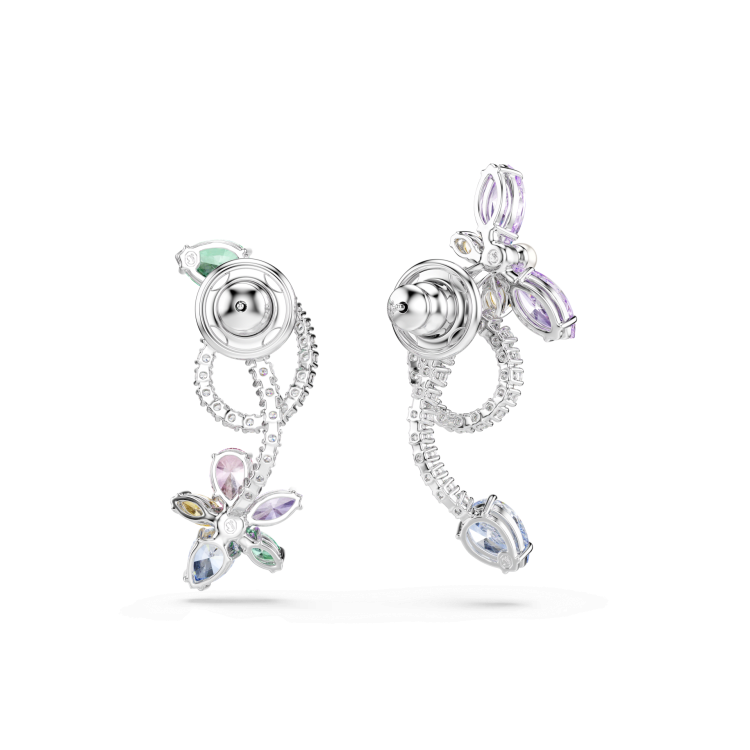 Ariana Grande x Swarovski drop earrings with ear jacket, Mixed cuts, Dragonfly, Flower, Multicolored, Rhodium plated