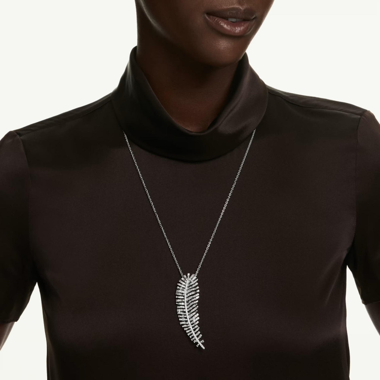 Vienna pendant and brooch Mixed cuts, Feather, White, Rhodium plated