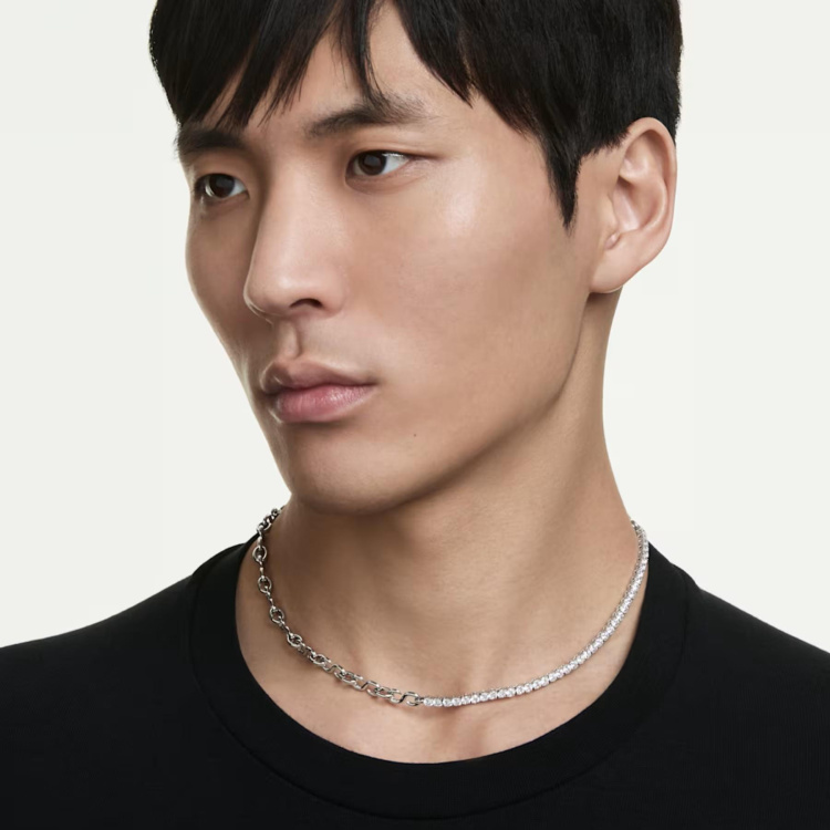Matrix necklace S-shape, Round cut, White, Rhodium plated