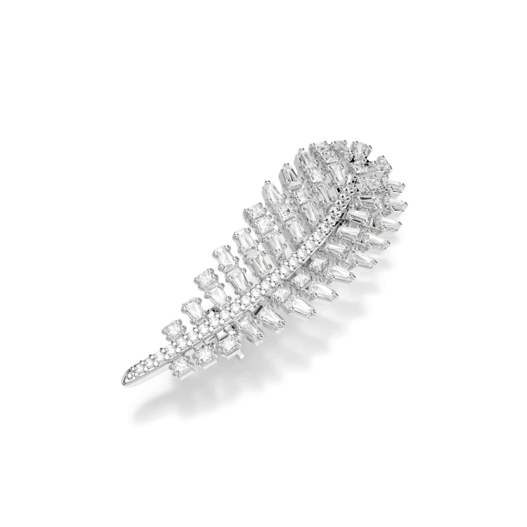 Vienna brooch, Mixed cuts, Feather, White, Rhodium plated