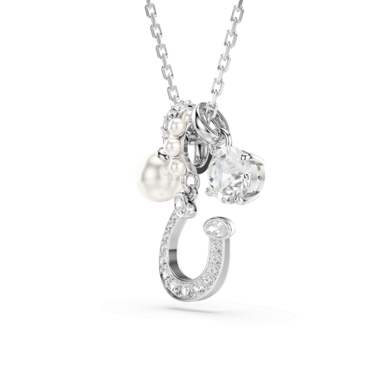 Symbolica pendant, Crystal pearl, Round cut, Pavé, Horseshoe, White, Rhodium plated