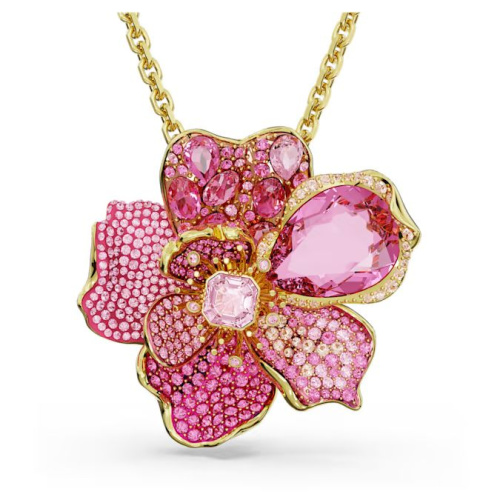 Idyllia pendant and brooch Pavé, Flower, Pink, Gold-tone plated