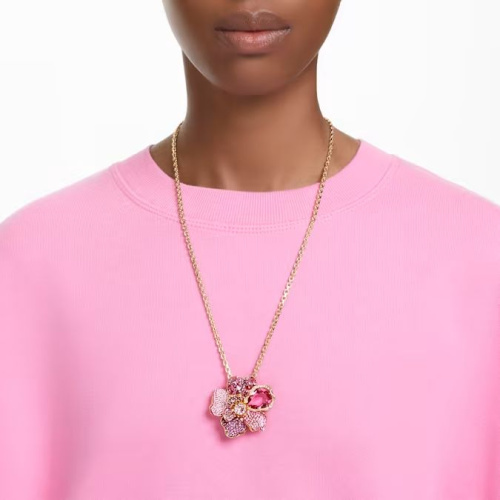 Idyllia pendant and brooch Pavé, Flower, Pink, Gold-tone plated
