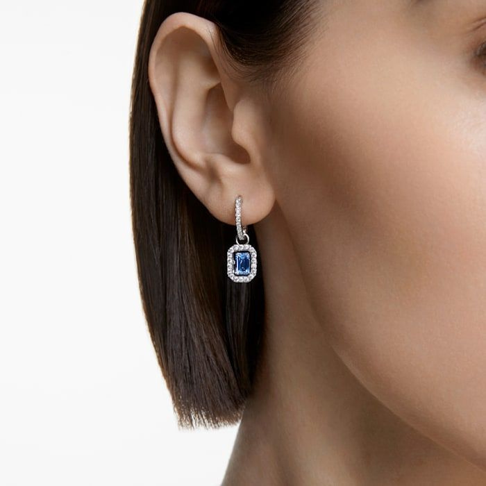 Una drop earrings Octagon cut, Blue, Rhodium plated
