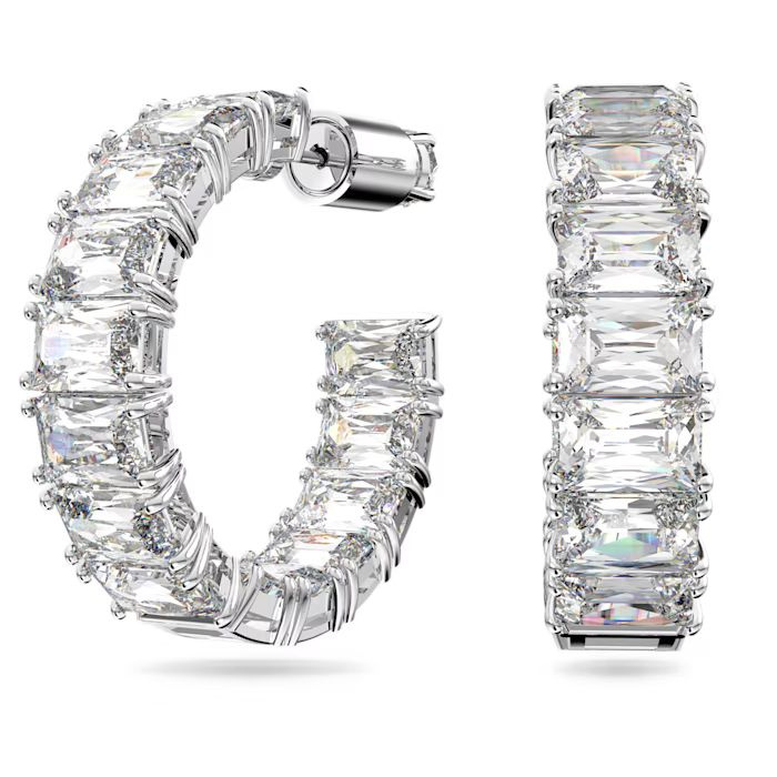 Millenia hoop earrings, Octagon cut, White, Rhodium plated