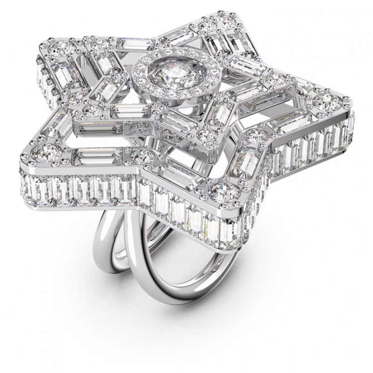 Stella cocktail ring, Star, White, Rhodium plated