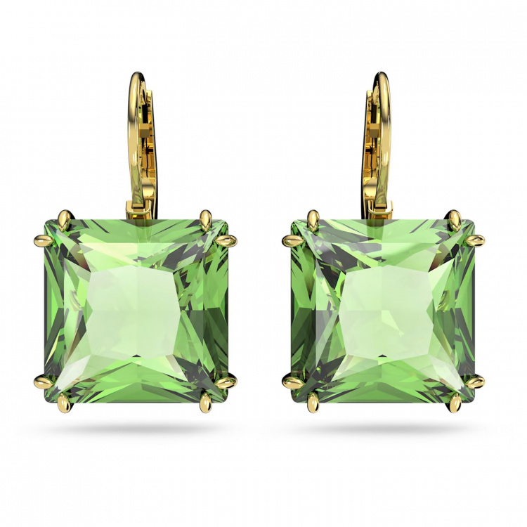 Millenia drop earrings, Square cut, Green, Gold-tone plated