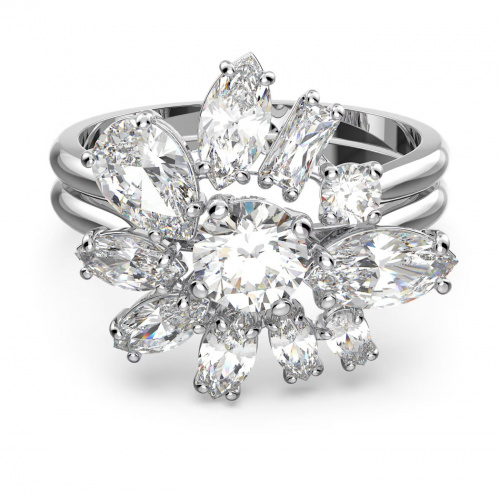 Gema cocktail ring, Flower, White, Rhodium plated