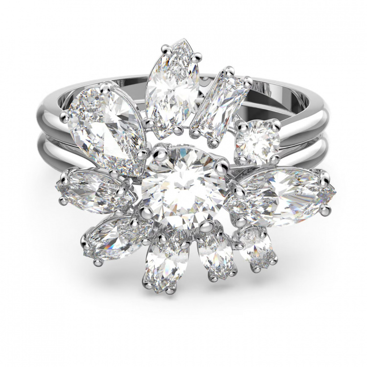 Gema cocktail ring, Flower, White, Rhodium plated