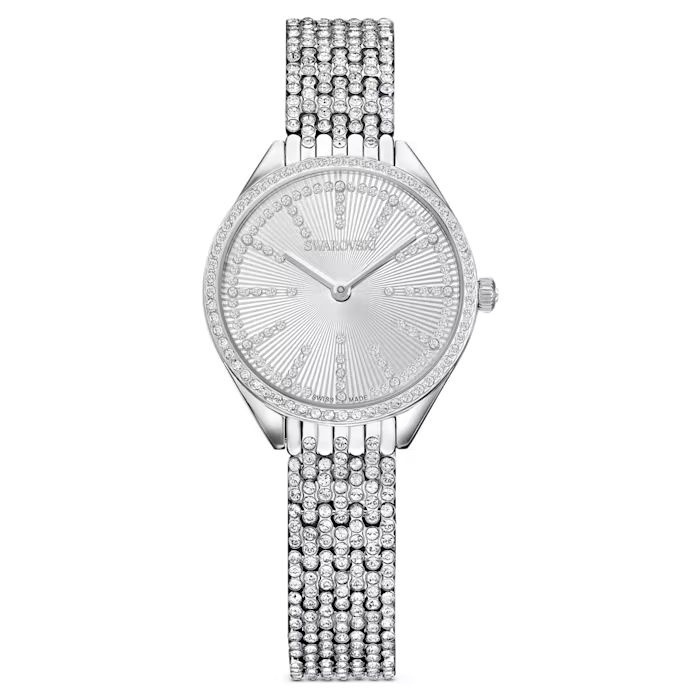 Attract watch Swiss Made, Full pavé, Metal bracelet, Silver tone, Stainless steel