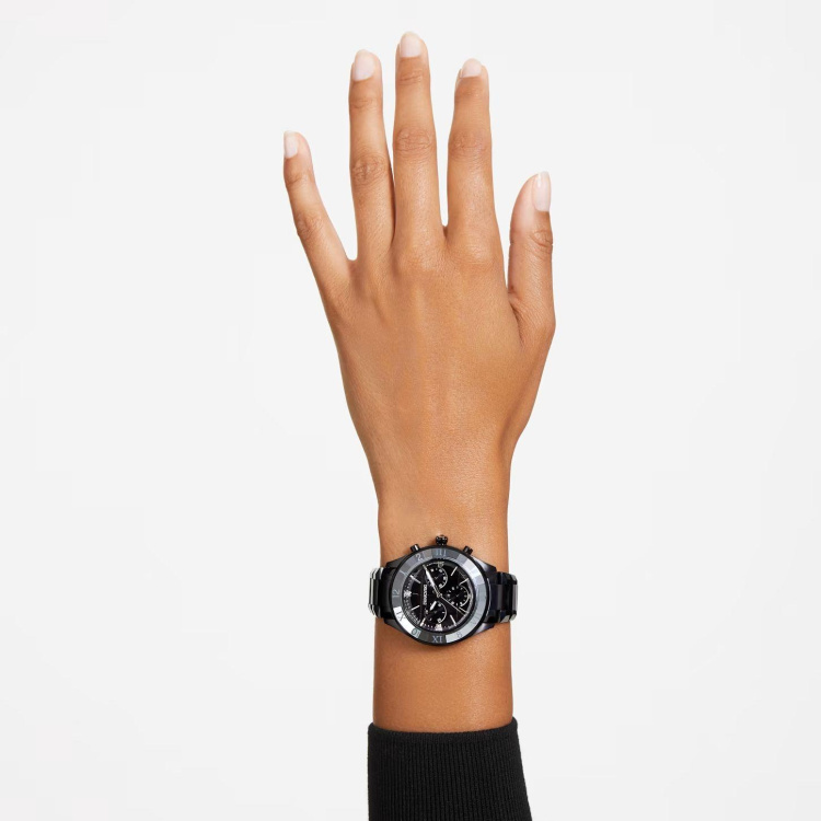 39mm watch Swiss Made, Metal bracelet, Black, Black finish