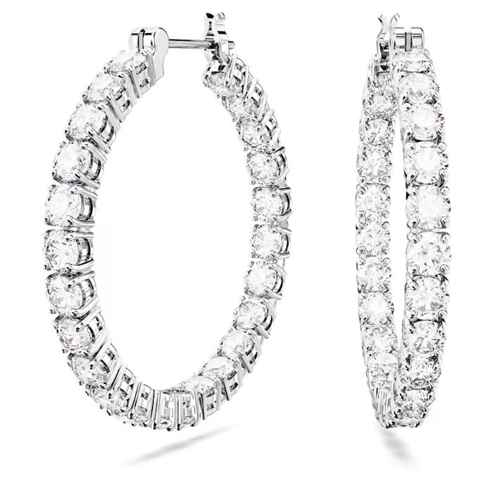Matrix hoop earrings Round cut, White, Rhodium plated