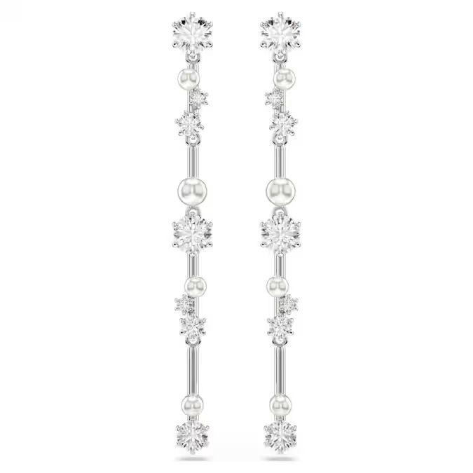 Constella drop earrings Crystal pearl, Round cuts, White, Rhodium plated