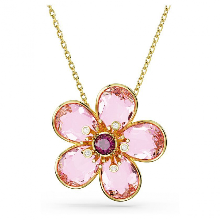 Idyllia pendant Flower, Small, Pink, Gold-tone plated