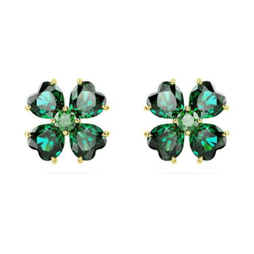 Idyllia stud earrings Clover, Green, Gold-tone plated