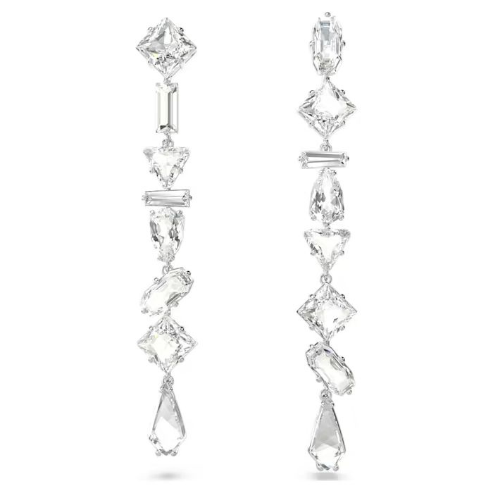 Mesmera drop earrings Mixed cuts, Long, White, Rhodium plated