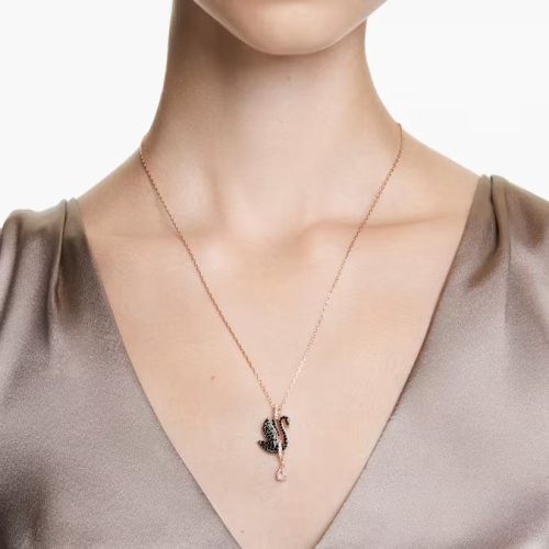 Swarovski Swan pendant Swan, Black, Rose gold-tone plated