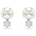 Matrix stud earrings Crystal pearl, Round cut, White, Rhodium plated