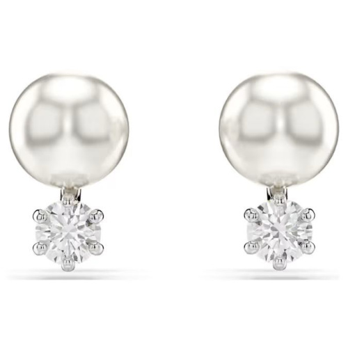 Matrix stud earrings Crystal pearl, Round cut, White, Rhodium plated