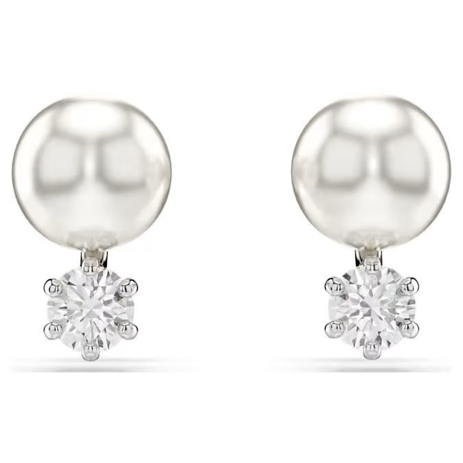 Matrix stud earrings Crystal pearl, Round cut, White, Rhodium plated
