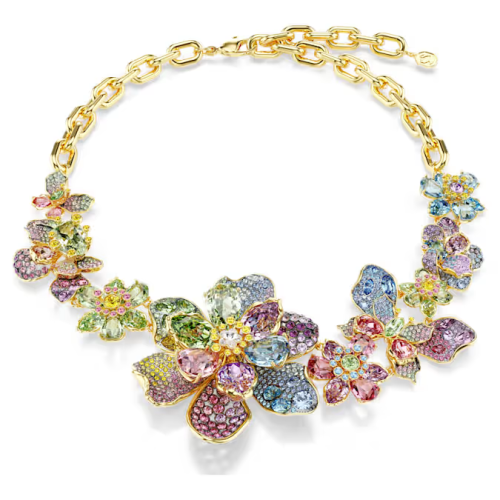 Idyllia necklace Mixed cuts, Pavé, Flower, Multicolored, Gold-tone plated