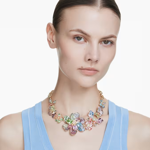 Idyllia necklace Mixed cuts, Pavé, Flower, Multicolored, Gold-tone plated