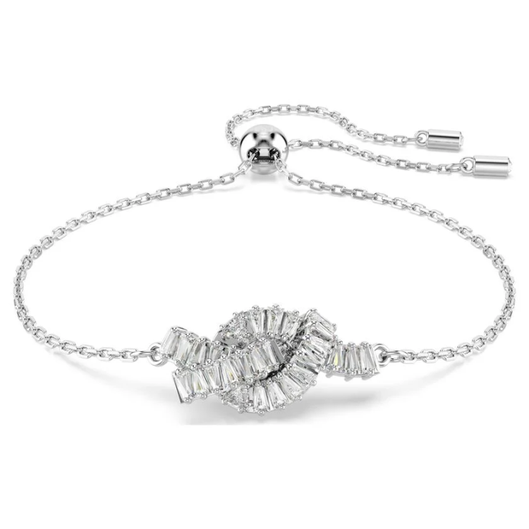 Matrix bracelet Baguette cut, Knot, White, Rhodium plated