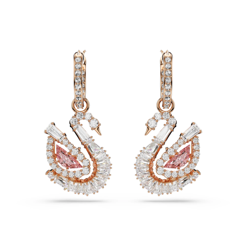 Swan drop earrings, Pavé, Swan, Pink