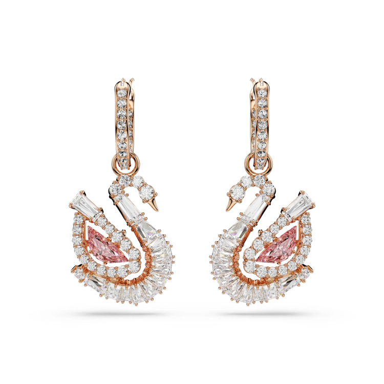 Swan drop earrings, Pavé, Swan, Pink