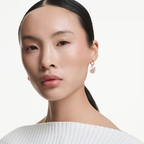 Swan drop earrings, Pavé, Swan, Pink